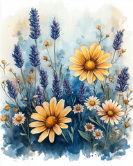 Wildflower watercolor floral border frame, daisies, lavender, and small meadow flowers, soft pastel colors like lavender, yellow, and sky blue, countryside feel, organic and loose design