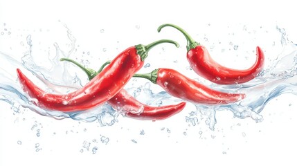 Red Hot Chili Peppers Splash: A vibrant burst of red chili peppers, suspended in a captivating water splash, evokes a tantalizing blend of heat, freshness, and vibrant energy.  