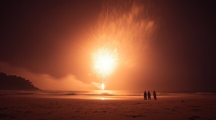 Spectacular Fireworks Light Up the Night Sky Over Beach Scene