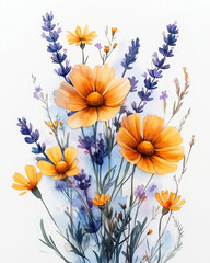 Wildflower watercolor floral border frame, daisies, lavender, and small meadow flowers, soft pastel colors like lavender, yellow, and sky blue, countryside feel, organic and loose design