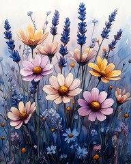 Wildflower watercolor floral border frame, daisies, lavender, and small meadow flowers, soft pastel colors like lavender, yellow, and sky blue, countryside feel, organic and loose design