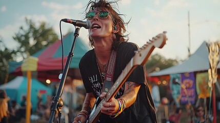 Soulful vegan musician with passionate eco conscious lyrics and energetic stage presence performing at a lush verdant music festival celebrating sustainable living and a plant based lifestyle