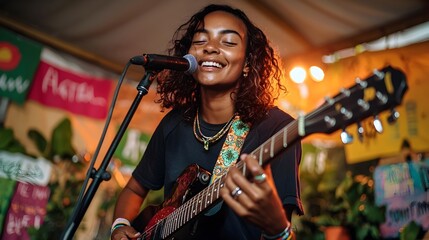 Vegan musician passionately performing at a lush verdant music festival encouraging a plant based lifestyle through their soulful eco conscious lyrics and energetic stage presence bathed in warm