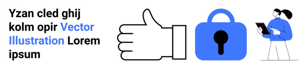 Large thumbs-up icon, blue lock icon, and a masked person holding a clipboard. Ideal for security, privacy, approval, safety, healthcare, data protection, and research. Banner for landing page