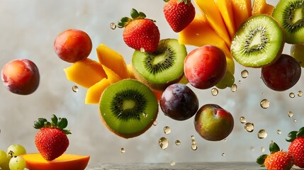 Luscious bounty of nature s vibrant and bountiful cascade of succulent colorful fruits including mangoes kiwis strawberries and plums artfully arranged in a dynamic