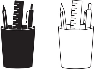 pencils in holder basket, drawing equipment in a grille office organizer box, metal grid clerical vase. vector