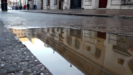 Close Up of A Building Reflection in Puddles on the Street