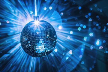 Disco ball shining in blue party background photo.