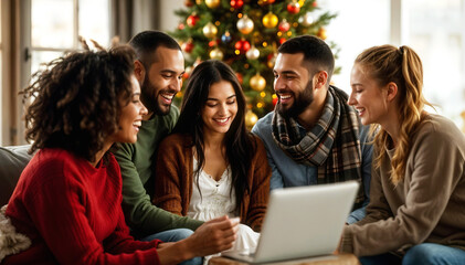 Fototapeta premium Diverse group of friends sharing joyful moments during holiday season, gathered around laptop in cozy living room with decorated Christmas tree in background.