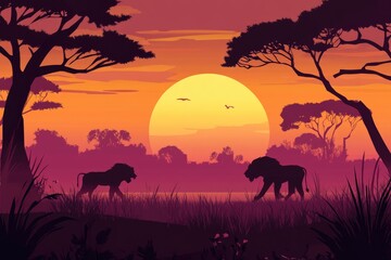 Naklejka premium Two Lions Silhouetted Against a Sunset in the African Savanna