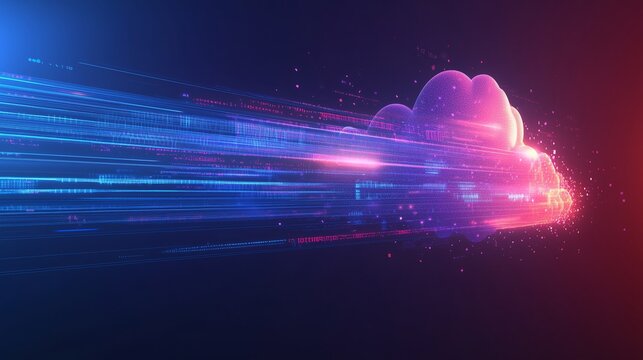Digital Cloud Computing Technology Concept with Binary Code, Low Poly Wireframe, and Glowing Particles on a Dark Blue Background.