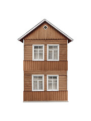 Brown two-story wooden village house built of planks is isolated.