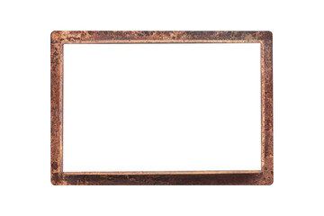 Old rusty metal frame with transparent copy space located horizontally and isolated.