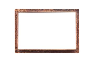 Old rusty metal frame with transparent copy space located horizontally and isolated.