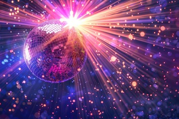 Obraz premium Disco ball with bright rays night party background photo.