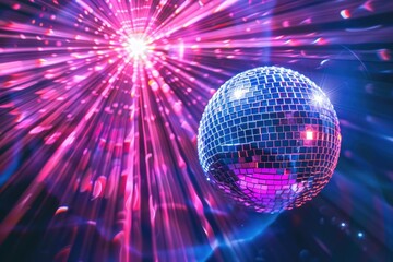 Obraz premium Disco ball with bright rays night party background photo.