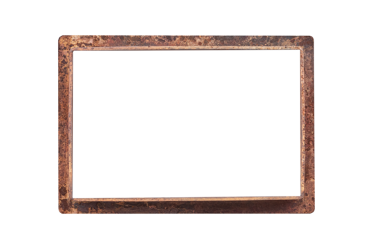 Old rusty metal frame with transparent copy space located horizontally and isolated.
