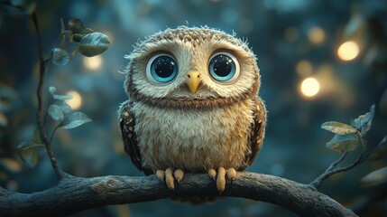 Cartoon Owl Perched on Tree Branch in Night Forest