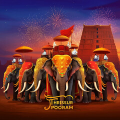 Vibrant scene from Thrissur Pooram with decorated elephants and fireworks, representing Kerala’s grand cultural festival © Deepa