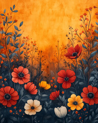 Watercolor floral border frame with autumn flowers and foliage, warm orange, deep red, and golden yellow hues, rustic and cozy, loose and natural brushstrokes, fall season theme