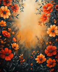 Watercolor floral border frame with autumn flowers and foliage, warm orange, deep red, and golden yellow hues, rustic and cozy, loose and natural brushstrokes, fall season theme