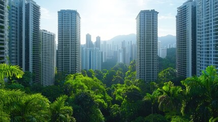 Lush Green Urban Oasis Surrounded by Modern Skyscrapers in Daylight
