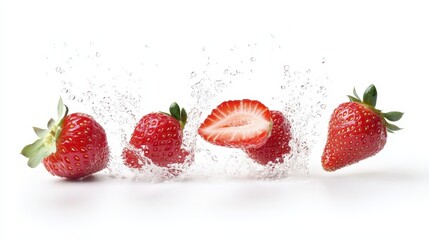 Splashing Strawberries: Juicy, ripe strawberries burst into a refreshing water splash. A vibrant and appetizing image perfect for food blogs, recipes, and healthy lifestyle content. 