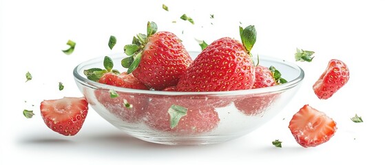 Strawberry Splash: Juicy, ripe strawberries burst from a glass bowl in a vibrant, dynamic composition.  A tantalizing image perfect for food blogs, recipes, and healthy lifestyle branding.