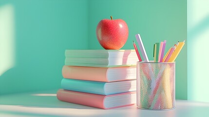 Minimalistic educational setup featuring a tall stack of books with a red apple beside a mesh container filled with colorful stationery all arranged on a light colored desk with a soft green backdrop