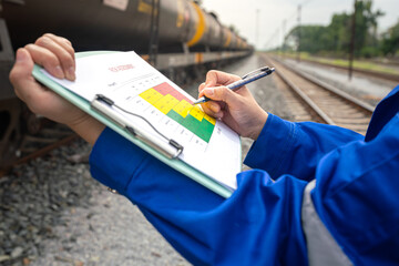 A project engineer is writing on risk assessment matrix with different color that represent as risk...