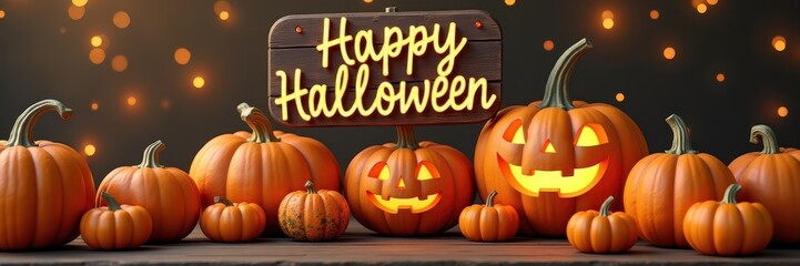Celebrate Halloween with a vibrant display of carved pumpkins and festive lighting, perfect for party invitations, decorations, or seasonal marketing.
