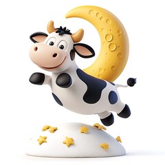 Cartoon Cow Jumping Over the Moon in 2D Style