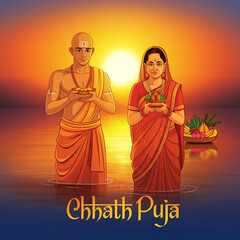 A family offering prayers during Chhath Puja by the river, symbolizing unity, devotion, and respect for the Sun God for prosperity and blessings