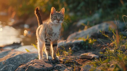 Curious Cat by the River at Sunset