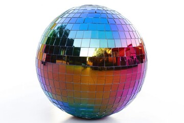 Obraz premium Large mirror ball with multi colored reflections isolated on a white background.