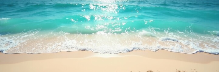 A serene beach scene featuring soft waves and sandy shores, perfect for travel, relaxation, or wellness themes in advertising.