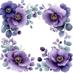 Watercolor floral border - frame. Violet flowers and eucalyptus greenery illustration isolated on transparent background. Purple roses, lilac peony for wedding stationary