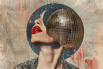 Modern art collage. A womans body with disco ball and red lips head