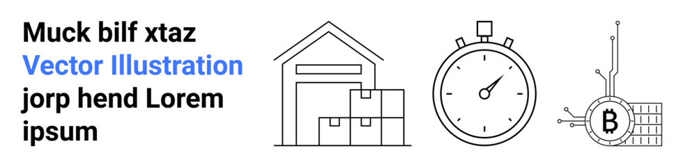 Warehouse storing boxes, stopwatch icon, and Bitcoin circuitry element. Ideal for logistics, time management, cryptocurrency, tech industry, supply chain, financial services, digital platforms