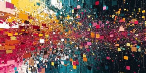 Abstract art depicting batch messages and large volumes of data, represented in dynamic, flowing forms, capturing the essence of data transmission and igital communication.
