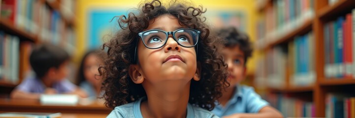 A thoughtful young boy in glasses gazes upward in a library, surrounded by shelves full of books, embodying curiosity and the love of learning.