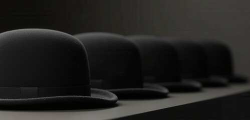 A minimalist display of stylish black bowler hats, perfect for fashion, vintage themes, or branding in formal wear.