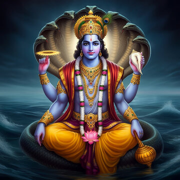 Divine portrayal of Lord Vishnu on Sheshnag, surrounded by cosmic waters, representing his role as the preserver and protector of the universe