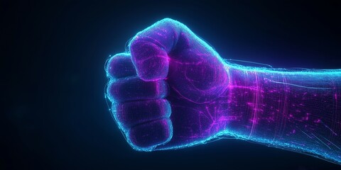 Clenched Fist Showing Tension and Self-Control, Digital Glowing Lines with a Tech-Themed Blue and Purple Palette, High-Resolution 3D Art on a Dark Background