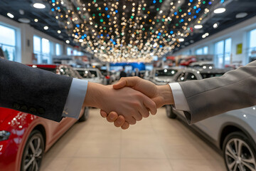 Business handshake in car dealership, luxury vehicles, professional setting