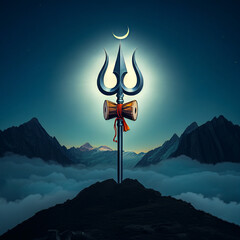 Naklejka premium Iconic representation of Lord Shiva's trident (Trishul) against a night sky, symbolizing strength, cosmic power, and divine protection