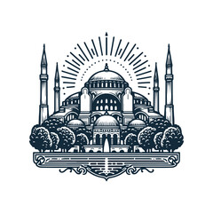 Hagia Sophia vector logo illustration. aya sophia mosque. Istanbul Landmark Illustration, line art vintage style tourism logo