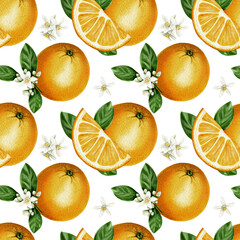 Seamless pattern of oranges. fruits and orange slices with a sprig and leaves. Orange blossom flowers. Orange and green color. Watercolor illustration. No background