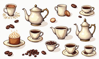 Obraz premium A delightful collection of coffee and tea accessories, featuring cups, teapots, and desserts, perfect for food and beverage branding, menus, or café promotions.