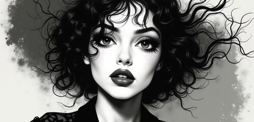 A striking monochrome portrait of a woman with curly hair, exuding confidence and style, perfect for beauty, fashion, and artistic themes.